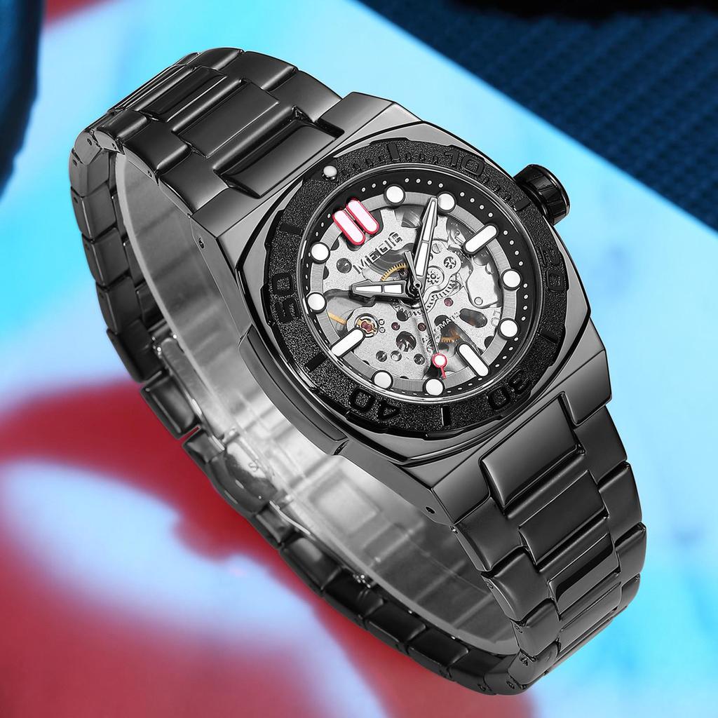 Megir Luxusní mechanické pánské hodinky Skeleton ciferník Business volnočasové náramkové hodinky Plně automatické náramkové hodinky Hodiny Relogio Masculino 8606