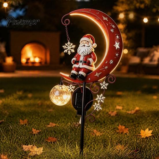 Retro Style Garden Art 31 Inch Solar-Powered Christmas Stake Light, Santa Claus on A Moon LED Pathway Auto Solar Powered Lamp Light with Snowflake