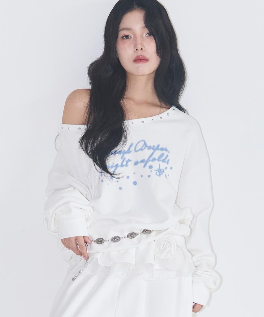 ILLIGO One-Shoulder Studded Boat Neck Sweatshirt White