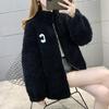 Women's Reversible Coral Fleece Cardigan Jacket with Stand Collar, Thickened for Autumn & Winter, Embroidered Sweatshirt for Home Wear.