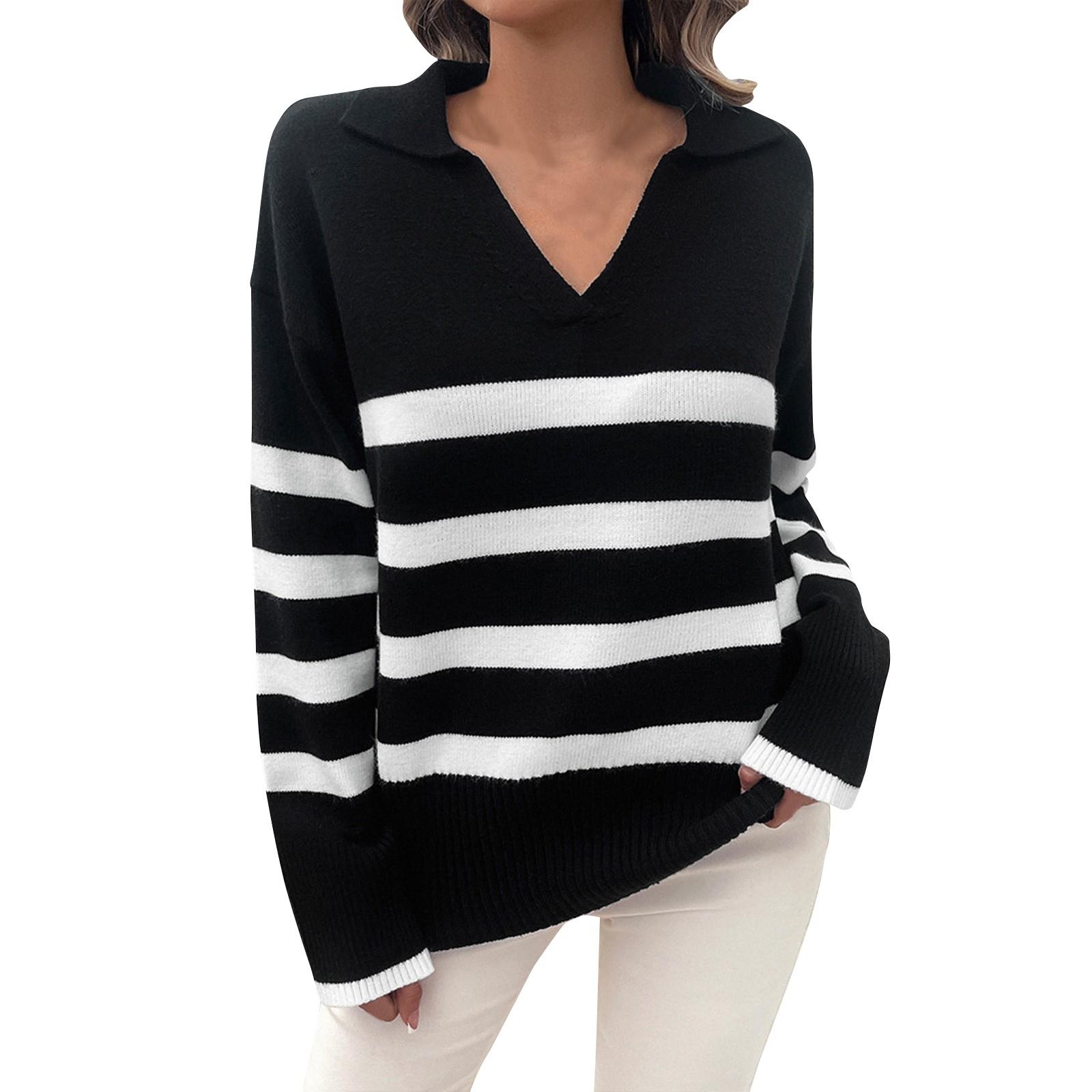 Женский повседневный модный удобный свободный свитер в полоску с контрастными лацканами L чёрный 2798₽