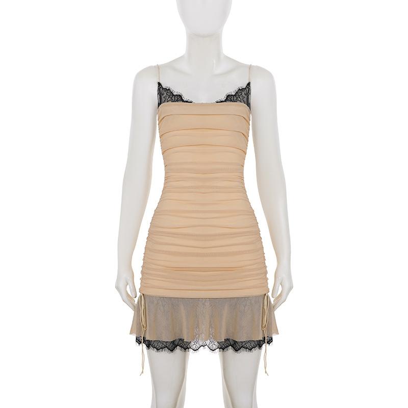 2026 Lace Spaghetti Strap Dress Women Summer Pleated Drawstring Sexy Plunge Mini Dress Slim Hot Girl Club Party Dresses S