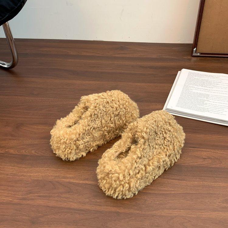 sponge cake thick bottom curly hair plush bag head half slippers women's wear 2025 autumn and winter new warm and heightening cotton slippers