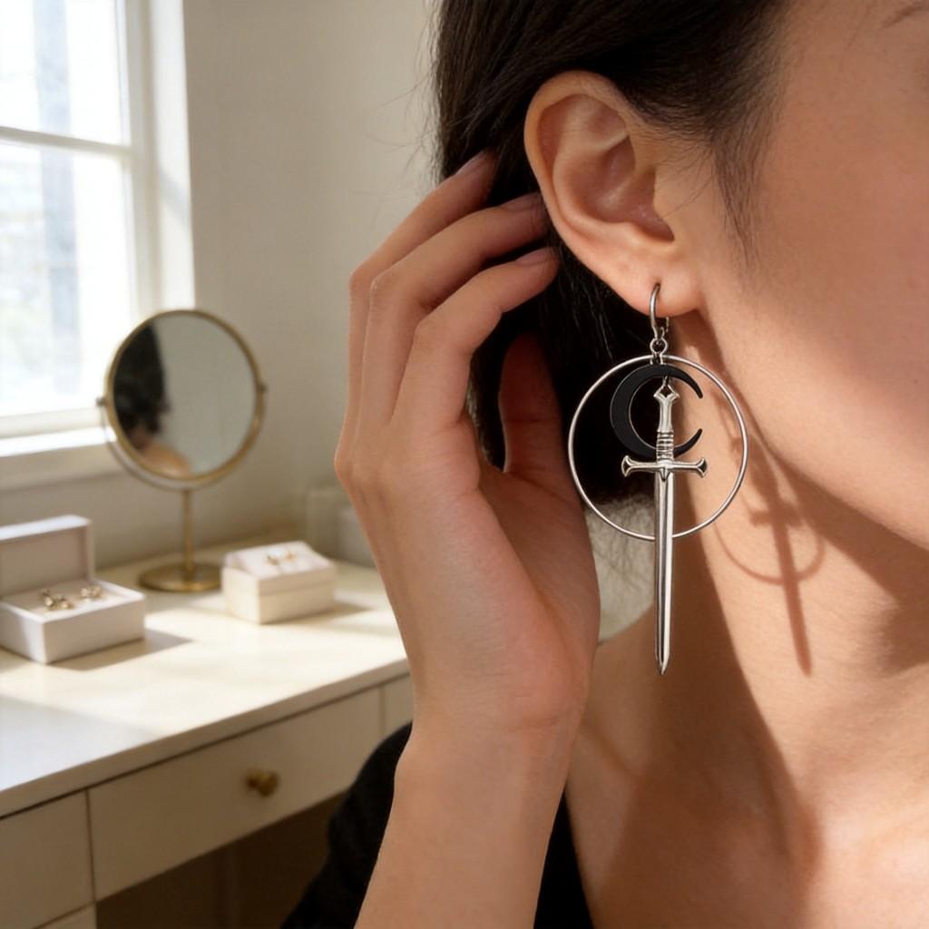 Geometric Moon Pendant Earrings With Silver Alloy And Stainless Steel Ear Pins For Women