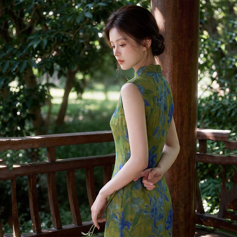 Yeşil kolsuz ulusal tarz yeni Çin Suzhou uzun cheongsam geliştirilmiş genç 1011 yeni kadın yüksek kalite yaz