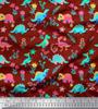 Soimoi Black Japan Crepe Satin Fabric Aster Flower & Dinosaur Kids Print Fabric by Metre 42 Inch