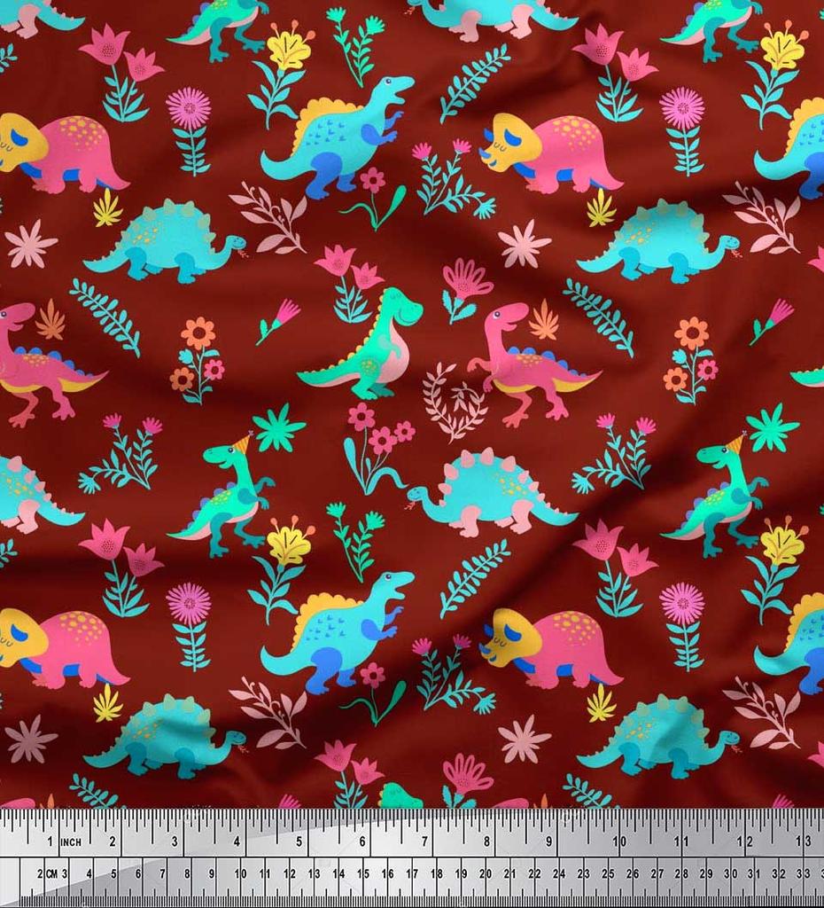 Soimoi Black Japan Crepe Satin Fabric Aster Flower & Dinosaur Kids Print Fabric by Metre 42 Inch