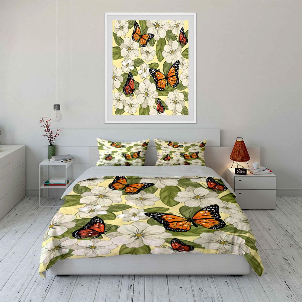 Butterfly and White Floral Pattern Bedding Duvet Cover Set (1*Duvet Cover 2*Pillowcases, without duvet insert)