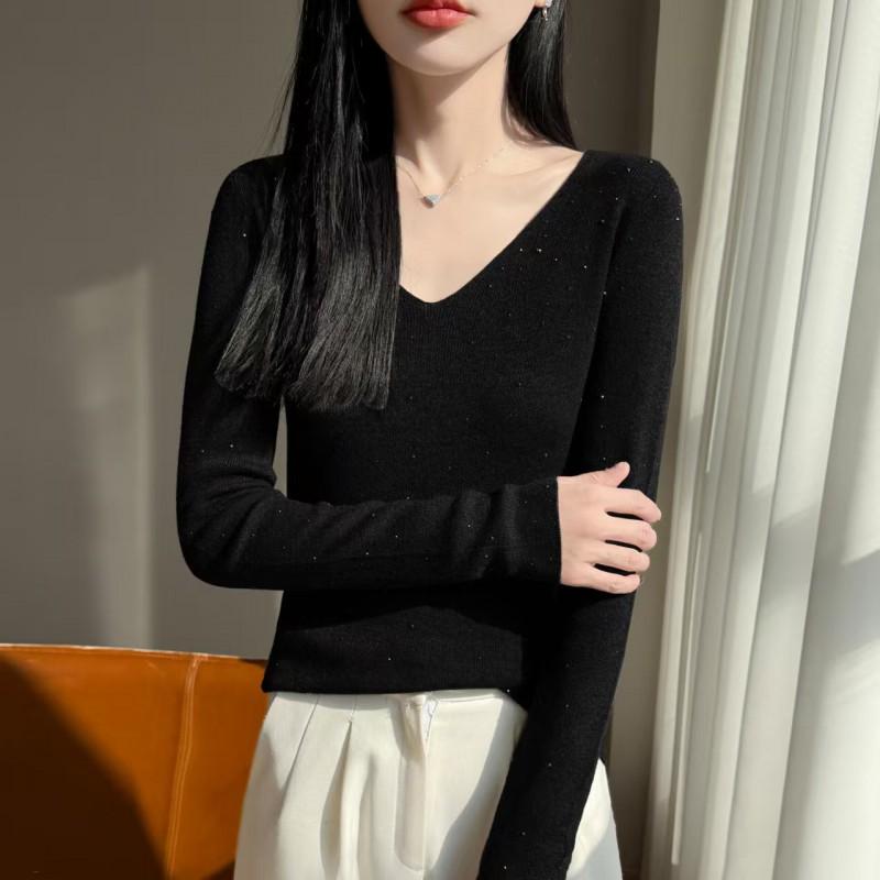 Womens Slim Fit V-Neck Knit Sweater With Rhinestone Detail Long Sleeve Pullover Top
