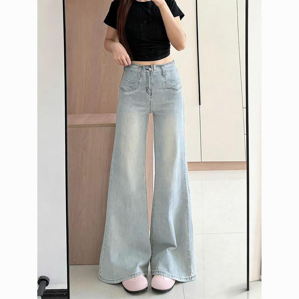 JYL TS Light Blue Flare Denim Jeans,Stretch Loose Floor Length Pants For Casual Wear