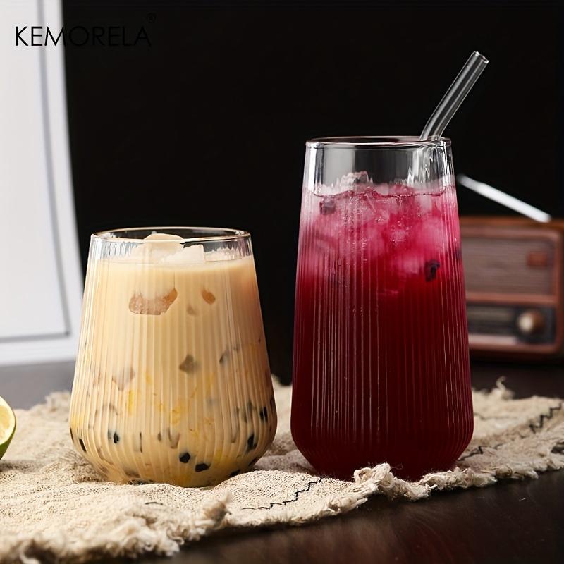  1/2PCS Vertical Striped Glass With Lid and Straw Vertical Stripes - Suitable For Coffee Milk Juice Whiskey Soda Cups
