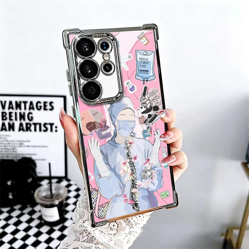 Doctor Nurse Cartoon Plating Phone Case For Samsung Galaxy S24 S25 FE S26 Edge S23 Ultra S22 S21 Plus S20 Anti-Fall Airabag Cove