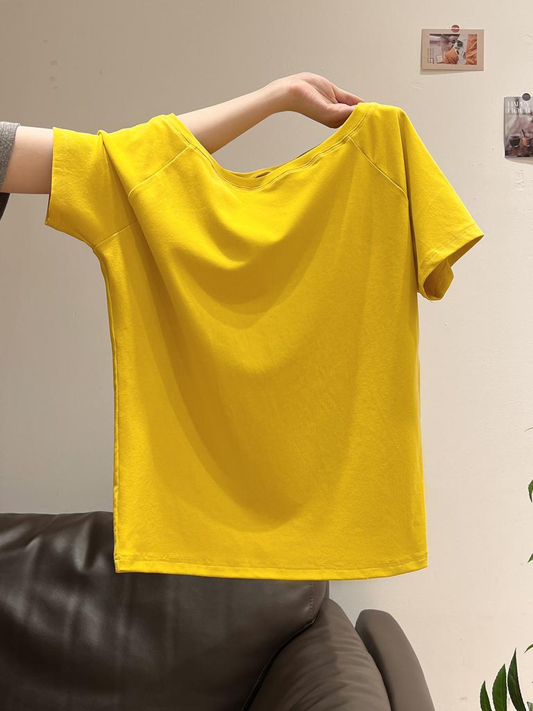 One-word collar off-shoulder design loose solid color short-sleeved T-shirt women's summer new slanted shoulder lazy