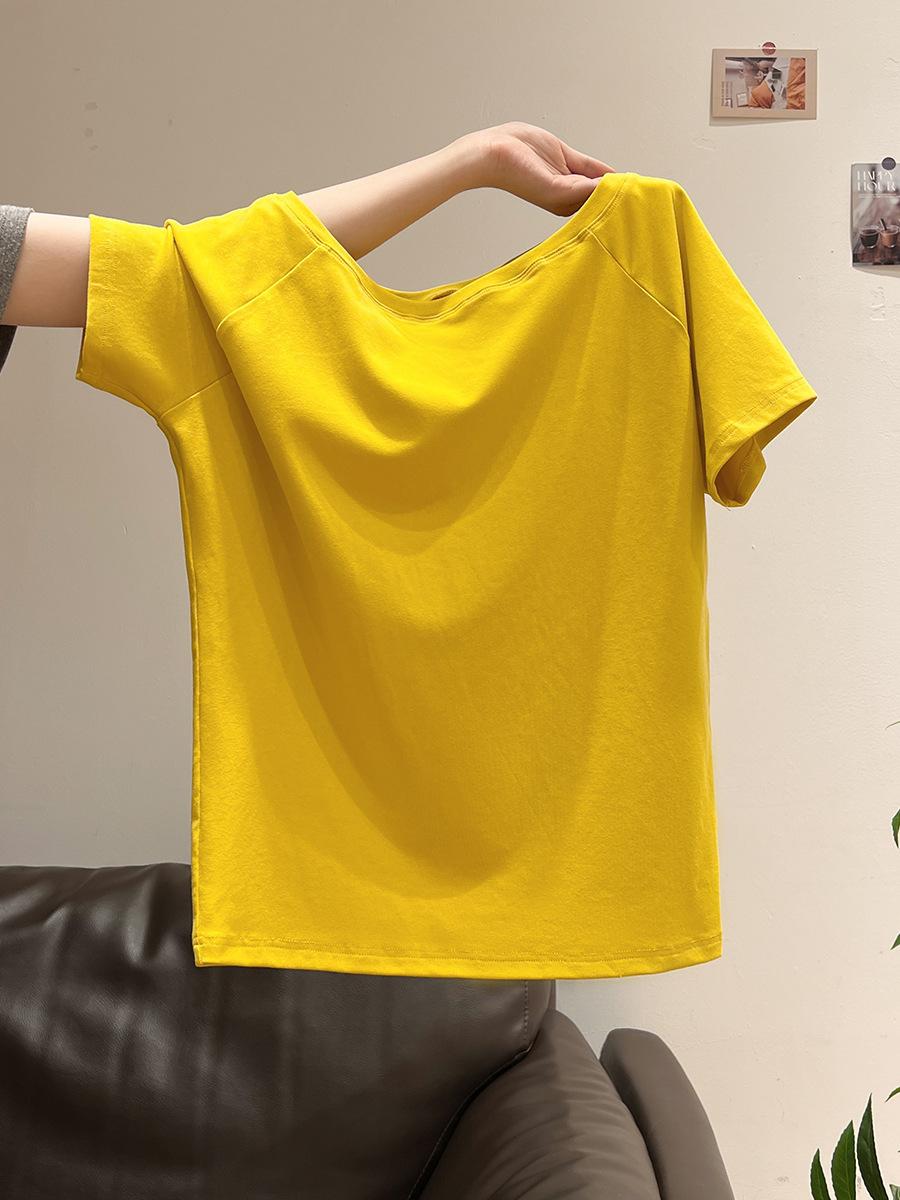 

One-word collar off-shoulder design loose solid color short-sleeved T-shirt women s summer new slanted shoulder lazy Xl【 75kg inner wear】