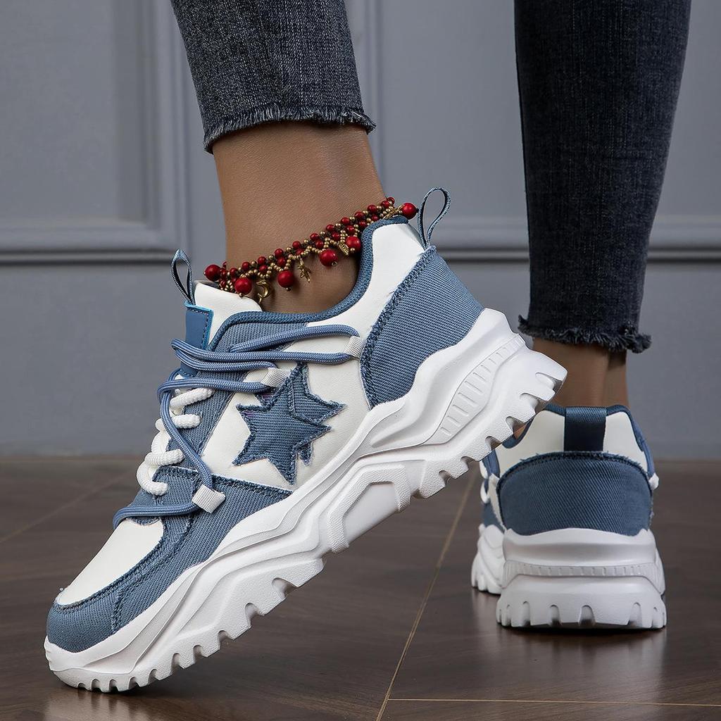 MCTIN Couples Chunky Sneakers Casual Lace Up Platform Shoes for Women Star Decor Men Sports Shoes