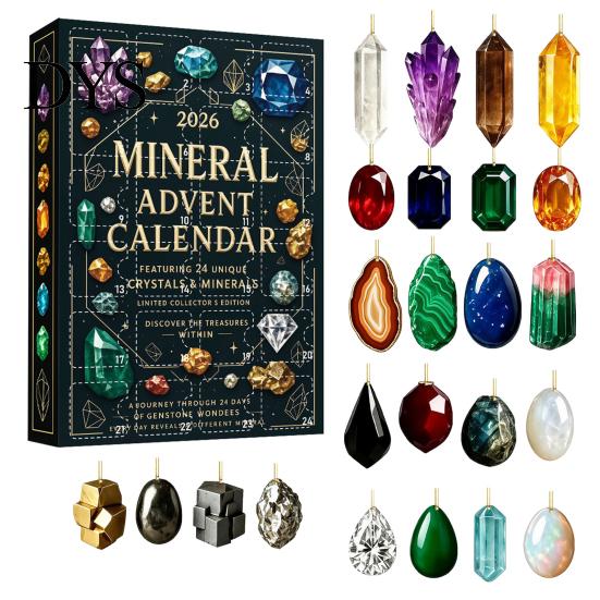 Mineral Collection Box Gemstone Advent Calendar, 24-Day Christmas Countdown Set with 2D Unique Holiday Home Decor Acrylic Ornaments, Tree Hanging