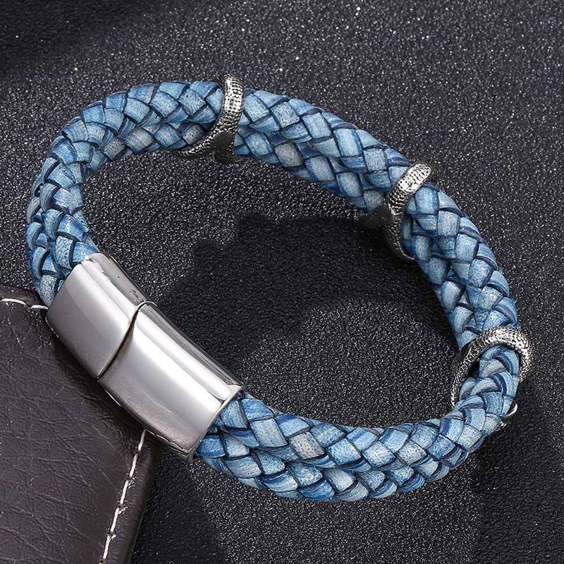 Vintage Men Blue Genuine Leather Bracelet Charm Paw Stainless Steel Bracelets Bangles Clasp Male Wristband