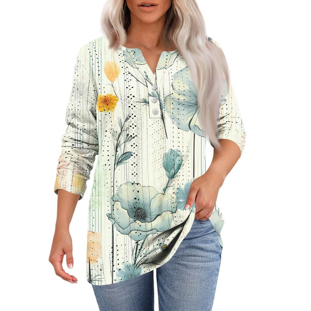Women's T Shirt Tee Print Button 3/4 SleeveDaily Weekend Fashion Basic V- Neck Regular Top