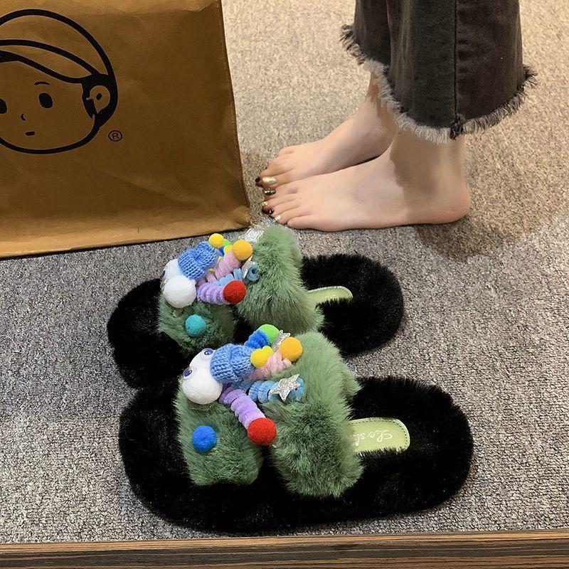 Сандалии Размер Милые Мультяшные Меховые Тапочки Женские Осень Зима Новые Для Улицы Офиса Дома Хлопковые Тапочки 42 зелёный 1540₽