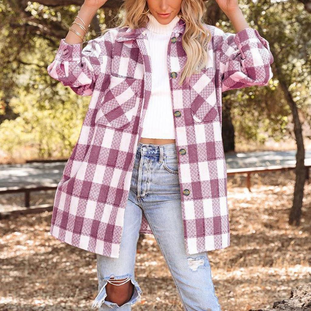 Women's  And Winter Plaid Color Block Patchwork Coat With Pockets Lapel Classic British Style Tweed Coat