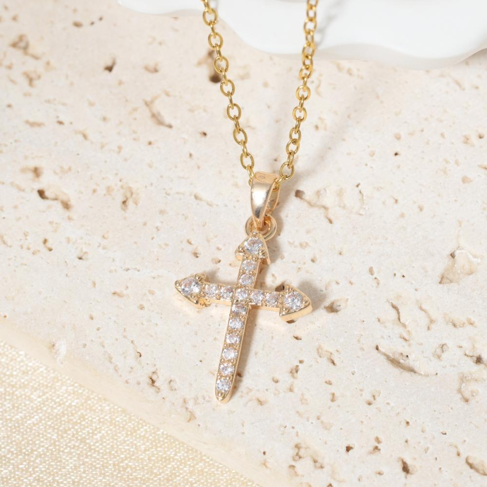 Golden Zirconia Arrow Cross Pendant Necklace, Dainty Jewelry for Women