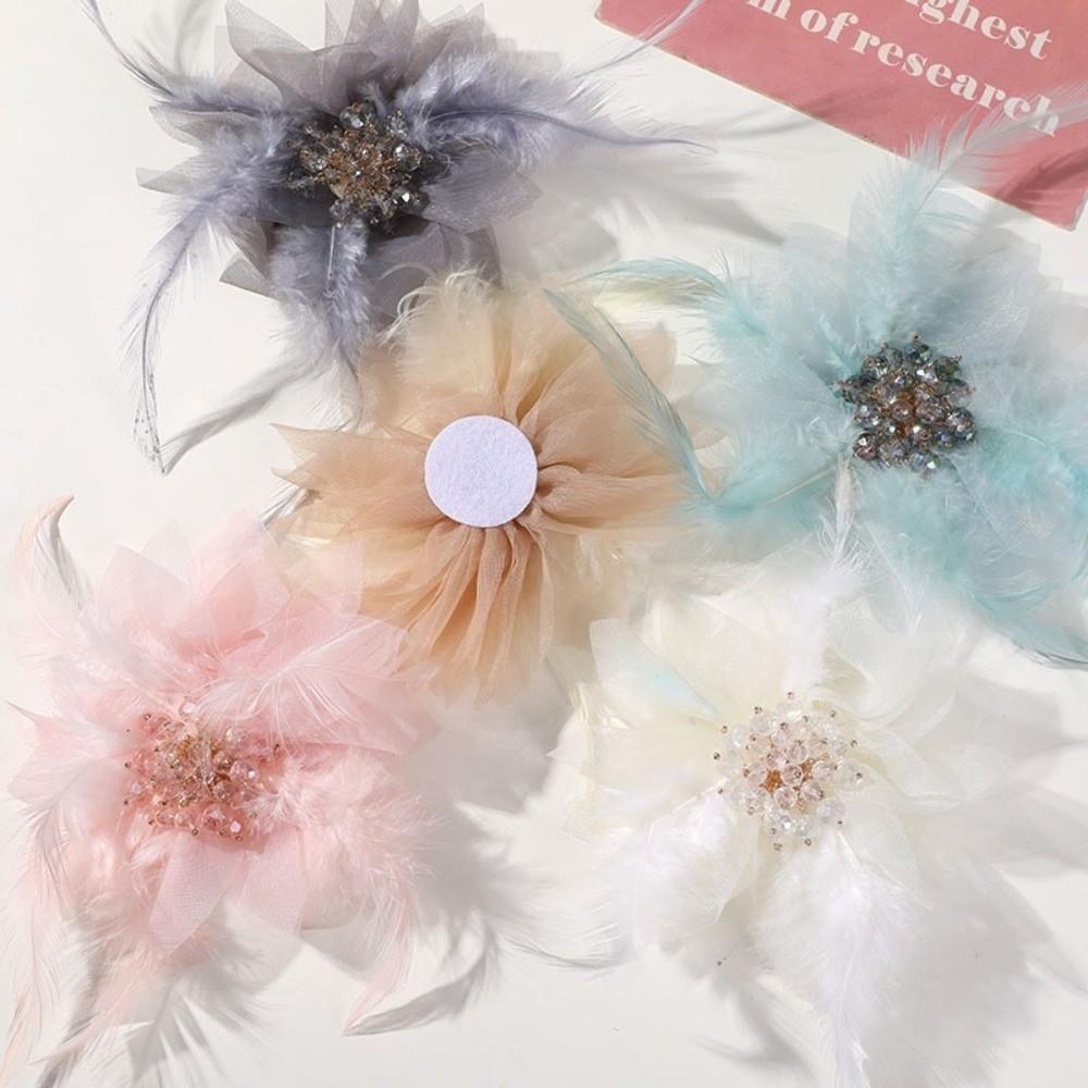 Handmade Feather Brooches Exquisite Pearl Crystal Flower Corsage Hair Accessories Lace Artificial Flower for Pin