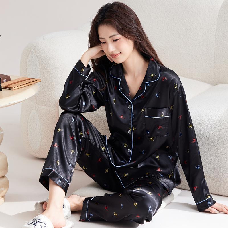 French Cute Cat Ice Silk Pajamas Women'S Spring And Autumn Sweet Wind Cool Long-Sleeved Loungewear Suit Can Be Worn Outside