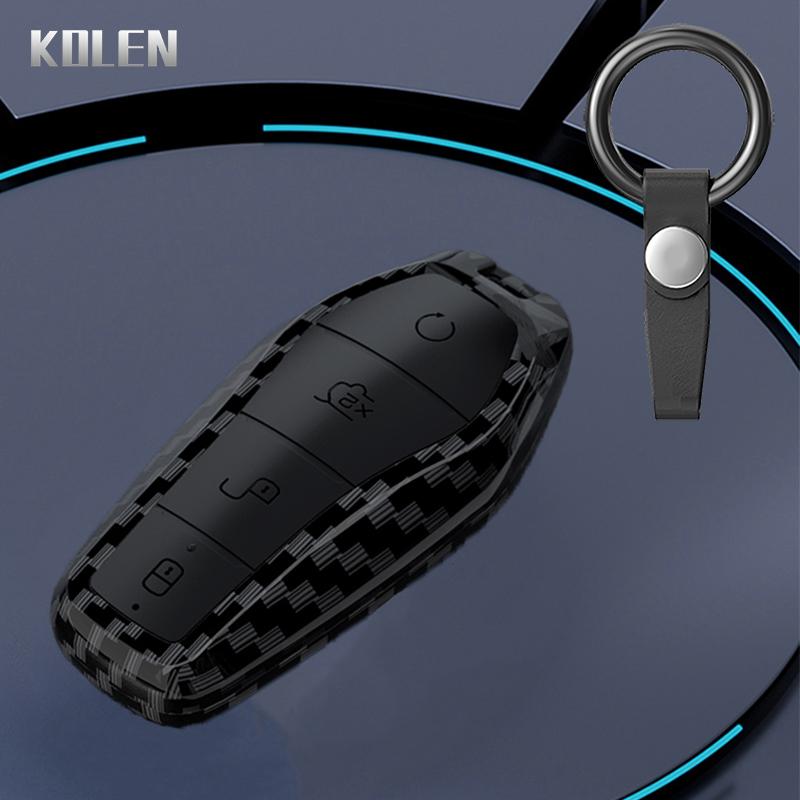 Abs Carbon Fiber Car Key Case Cover Shell For Byd Qin Plusdmi Atto 3 Han Ev Dolphin Durable 4 Buttons Protected Keychain Fob Bag