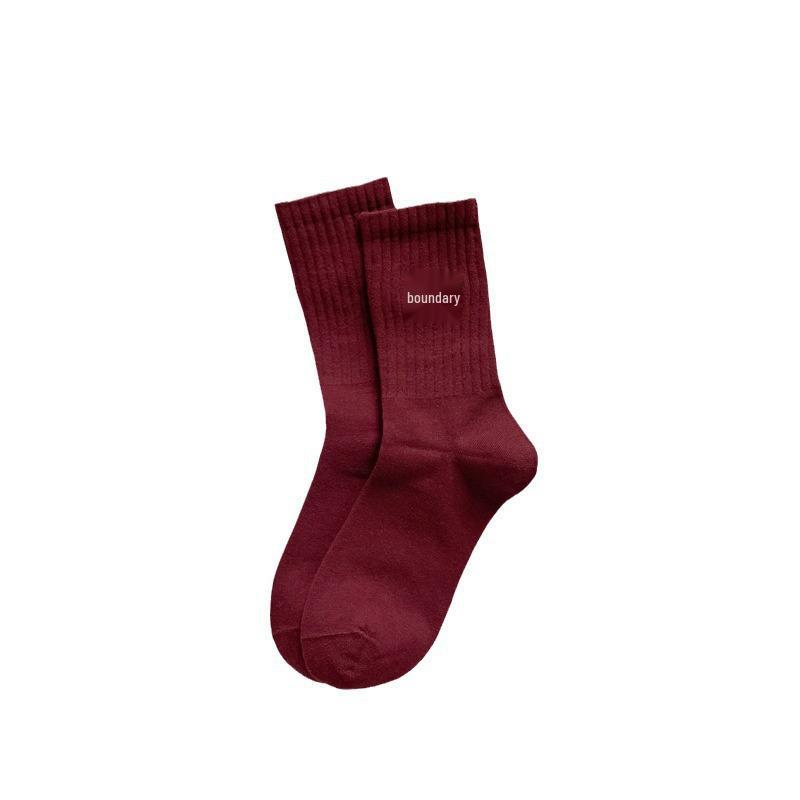 2024 Autumn/Winter Angora Red Socks with Wine Red Bow Embroidery - Medium To Long Pile Style