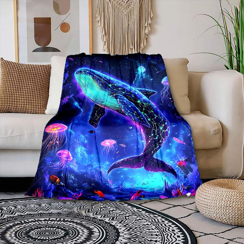 1PC Glowing whale with jellyfish printed blanket all seasons multi-purpose blanket suitable for sofa, camping, travel, car