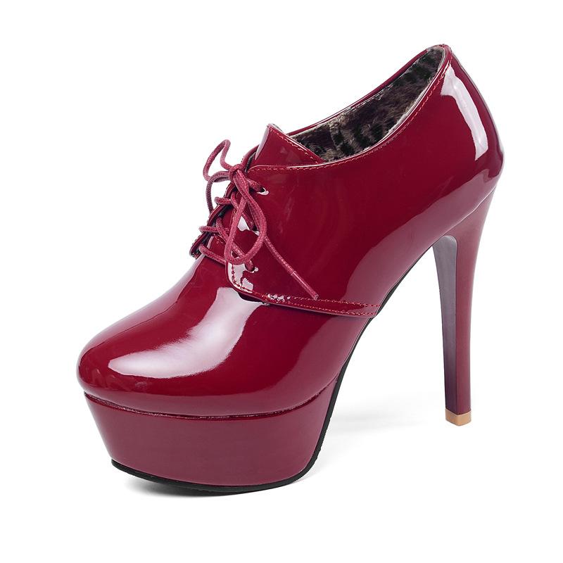 Модные женские ботинки новые зимние модные ботинки с круглым носком на шнуровке и высоким каблуком женские ботинки большие размеры 34-45 высота каблука 10 см черные 34 красный 5980₽