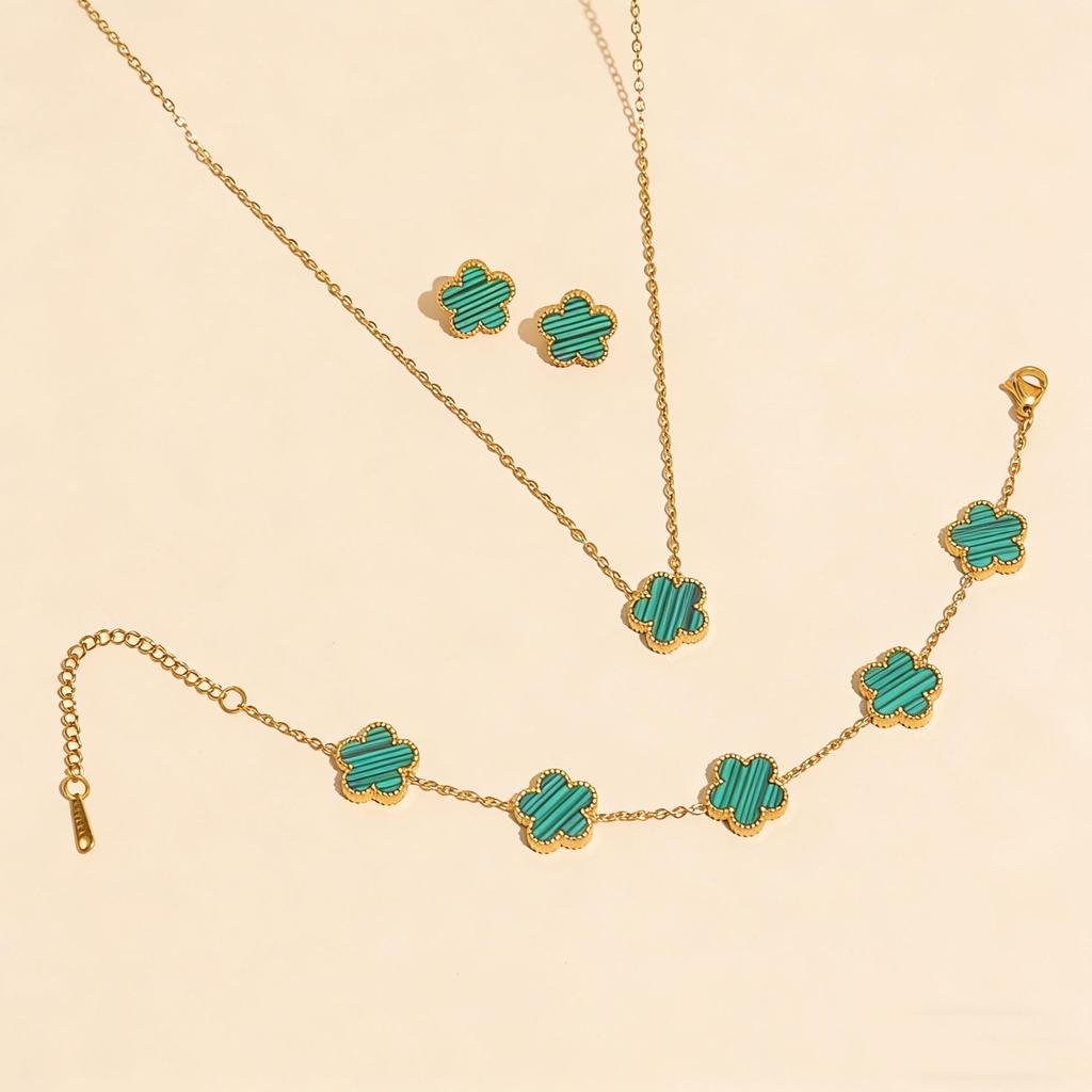 Stylish Lucky Four-Leaf Clover Jewelry Set: Titanium Steel 18K Chain Necklace, Bracelet, Earrings