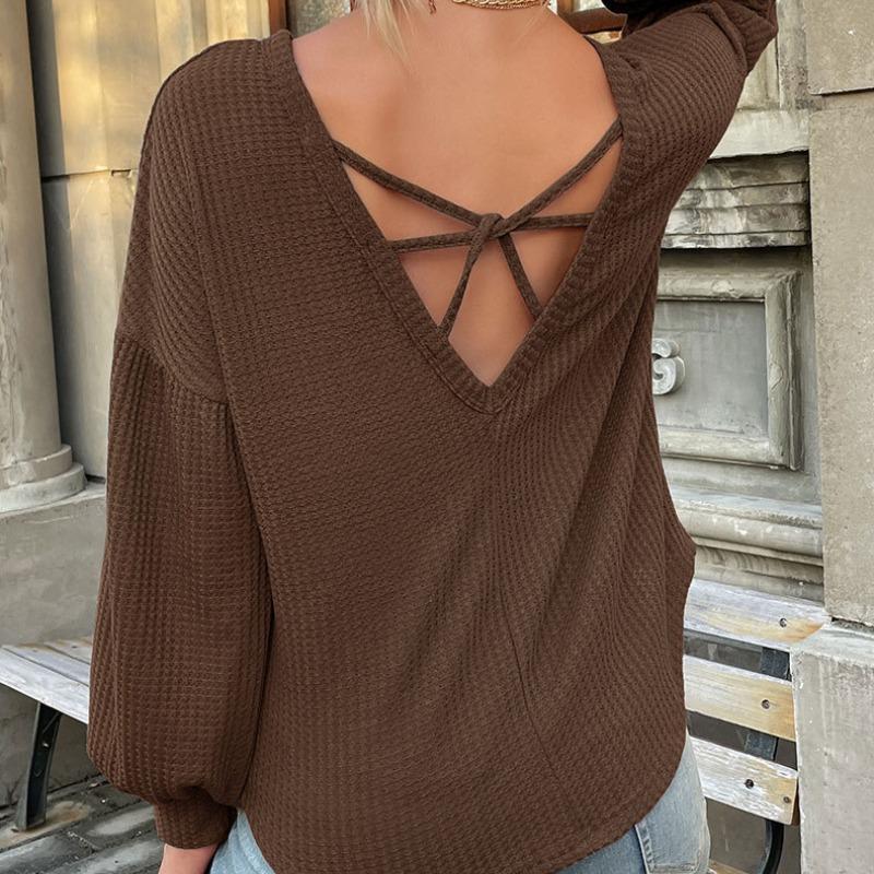 Autumn New Long Sleeve Solid Elegant Blouse Women Backless Hollow Pullover Shirts for Women Fashion Winter Loose Casual Blouses Tops 24583