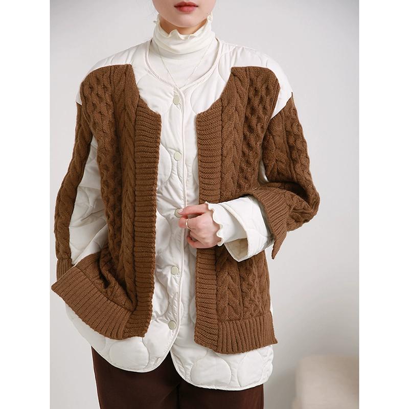 Dimanaf 2025 Winter Women Sweaters Jacket Patchwork Wadded Buttons Coat Knitting Fake Two-Piece Loose Sweater