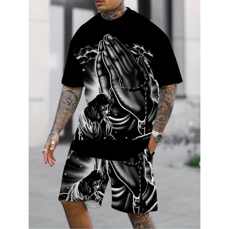 New Summer Men's Set Men's Street King T-Shirt Two-Piece Set Casual Wear Loose-Fit Crew Neck Beach Sports Set