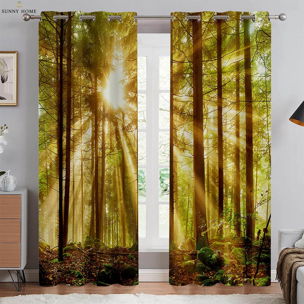 Green Forest Scenery 3d Printed Curtains Black Silk Blackout Heat Insulation Curtains Bedroom Study Living Room Curtains 2pcs