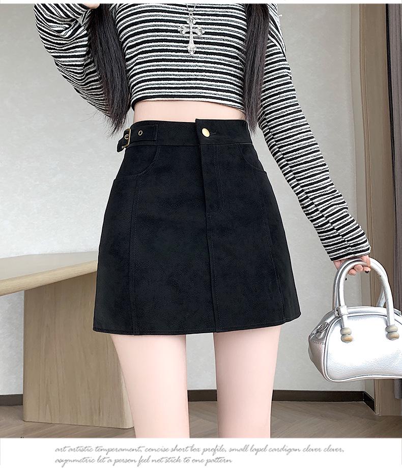Plus-size Coffee Deer Suede High Waist A-line Mini Skirt for Women - Spring/Autumn, Anti-exposure, Slimming, Hip-hugging Fit