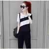 2026 Summer Women's Plus Size Korean Style Color Block Two-Piece Set: Short Sleeve T-shirt & Long Pants
