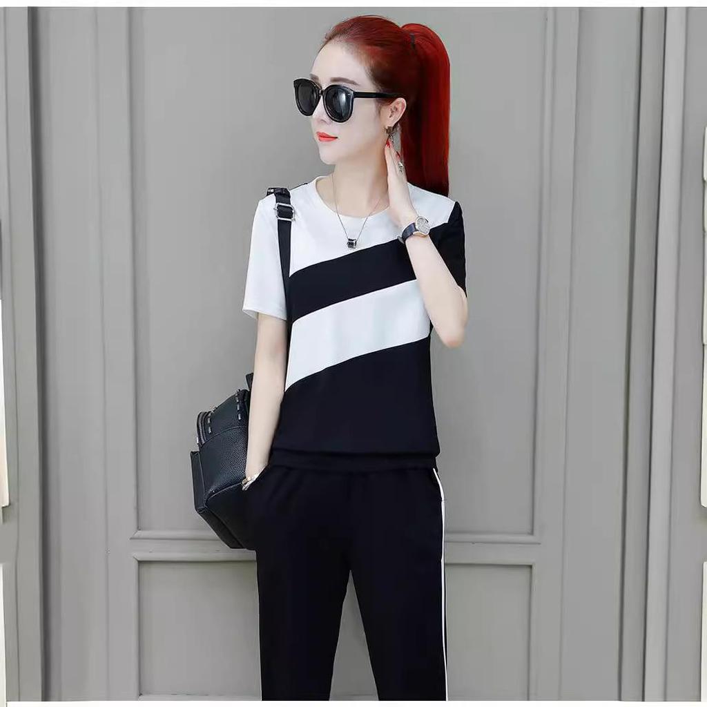 2026 Summer Women's Plus Size Korean Style Color Block Two-Piece Set: Short Sleeve T-shirt & Long Pants