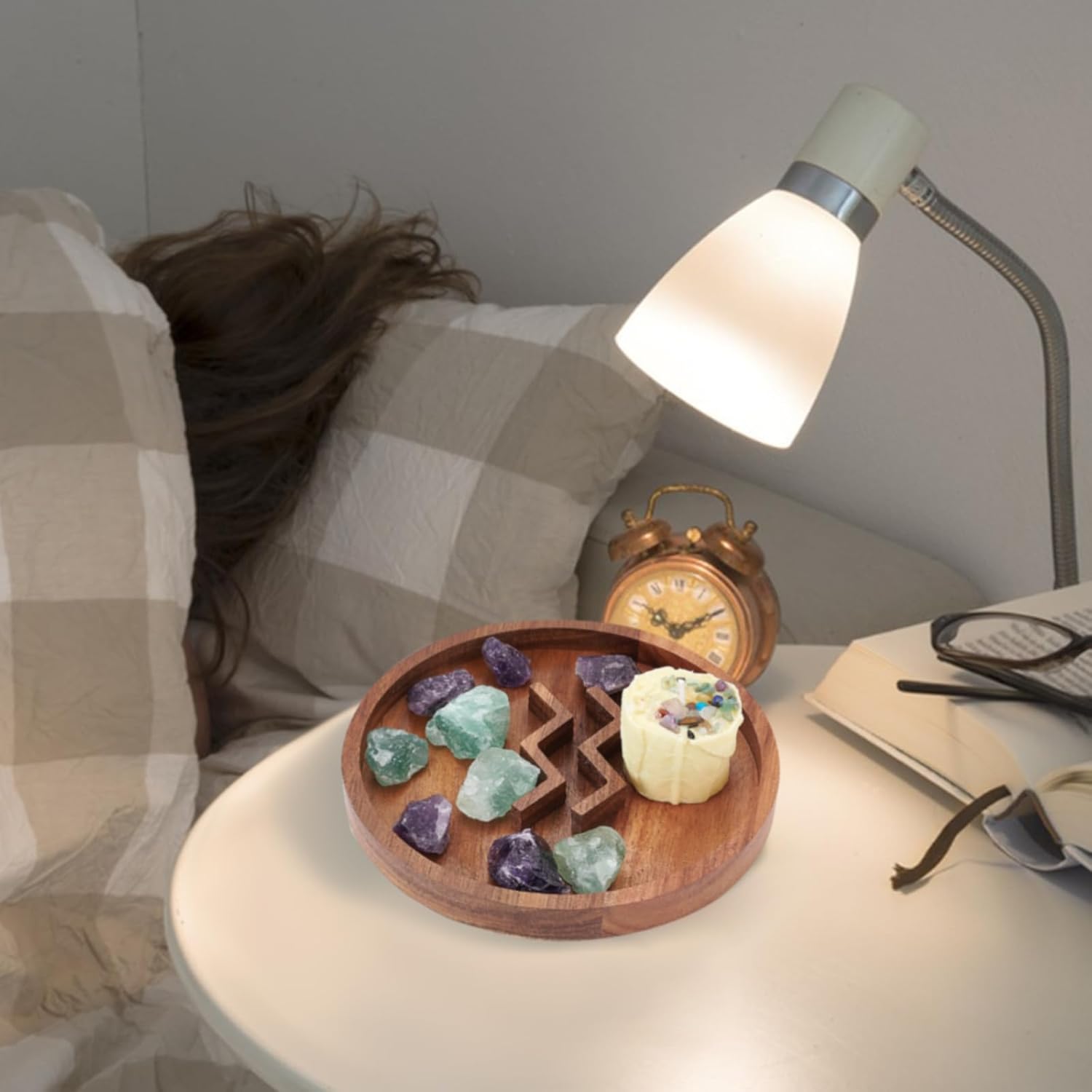 INFUNLY Хрустальный поднос Деревянный держатель Хрустальный поднос Декоративные подносы для камней Круглый поднос для масел Органайзер Блюдо для украшений Деревянный хрустальный поднос Хранение