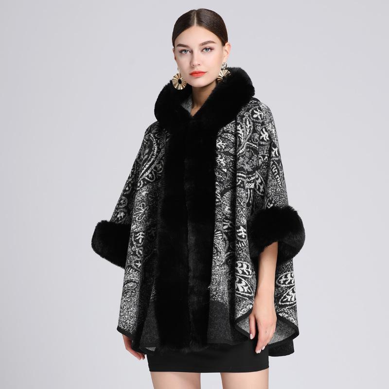 Winter Women's Shawl Cape Fur Collar Jacquard Hooded Large Size Seven-point Sleeves Tweed Jacket Cardigan