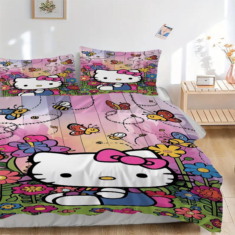 

3pcs Flowers and Butterflies Hello Kitty Pattern Bedding Three-Piece Set (1 Cover + 2 Pillowcases, No Fillings), This Printed Bedding Set Is 135x200cm