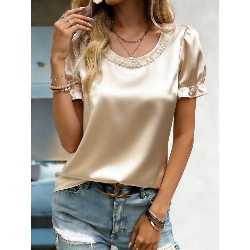 Women Elegant Satin Blouse With Pearl Neckline Puff Short Sleeve Casual Tops