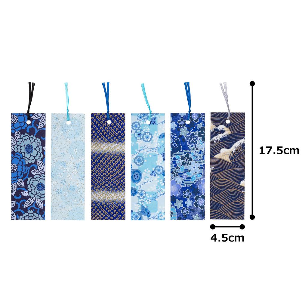 Kawasumi Washi Yuzen Washi Set of 18 Stencil-Dyed Bookmarks, Blue, A+B+C