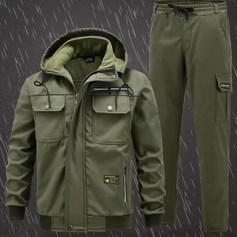 

Men s Winter Soft Shell Jacket Suit with Velvet Lining: Thickened, Windproof, Waterproof & Cold-proof for Outdoor XXXXL зелений