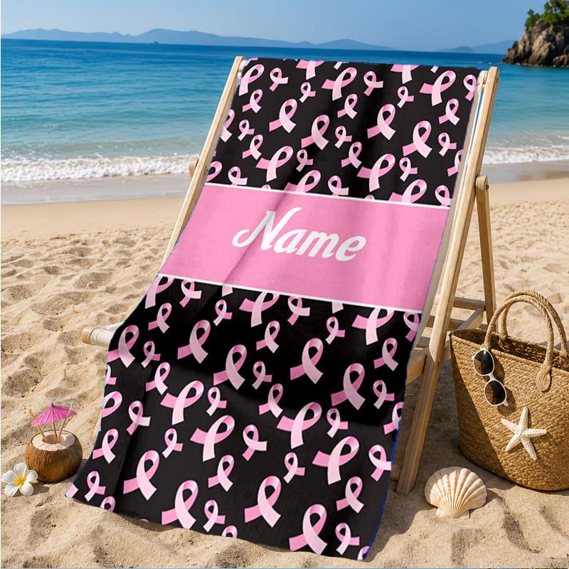 Custom Name Pink Ribbon Awareness Beach Towel Microfiber Beach Towel, Lightweight and Quick-Dry, for Summer Travel, Swimming Pool Gift