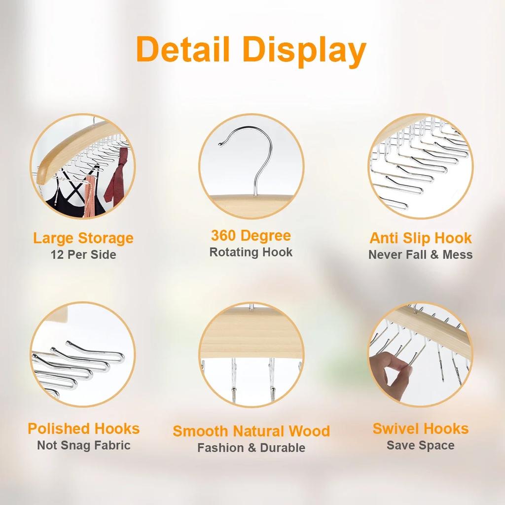 Camisole Hanger Wooden Tank Top Organizer with 24 Metal Hooks 360 Degrees Rotation Strappy Dress Hanger Multipurpose Hanger for