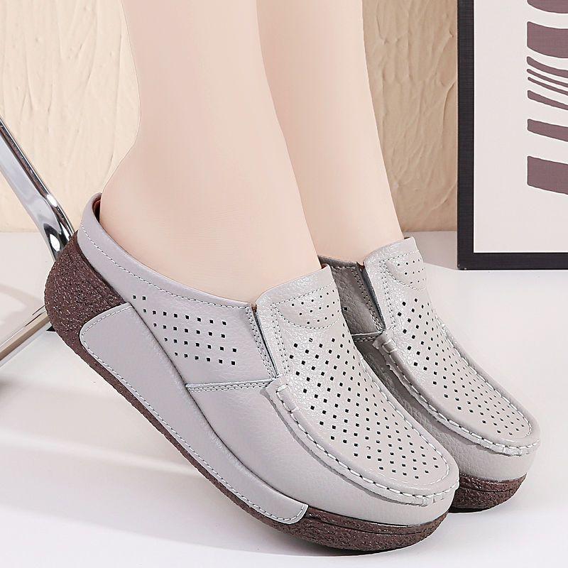 Genuine leather comfortable thick-soled bag head half slippers women's summer wear breathable hollow soft bottom slope heel cool slippers