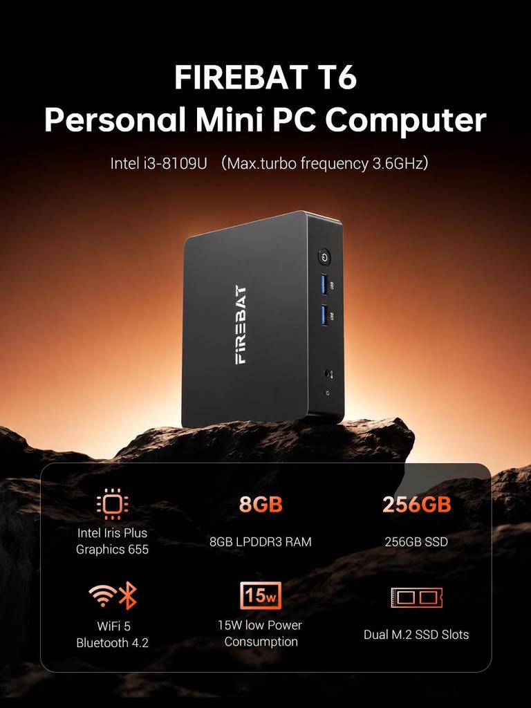 FIREBAT T6 Mini PC  Intel Core i3-8109U 8GB LPDDR3 256GB M.2 SATA SSD Dual 4K Display (HDMI + DP) Dual Band WiFi BT 4.2 Gigabit LAN