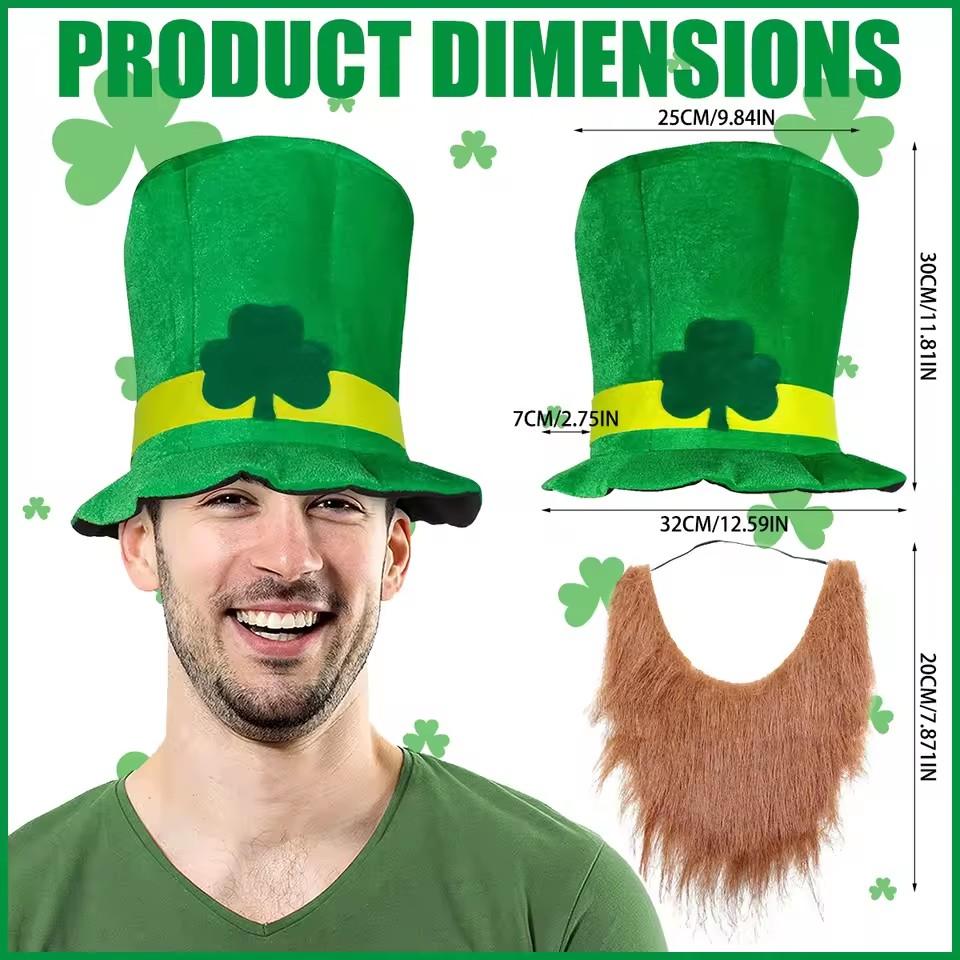2025 New St. Patrick\'s Day Irish Top Hat Beard Green Shamrock Hats for Saint Patrick Day Home Party Decor Cosplay Costume Props